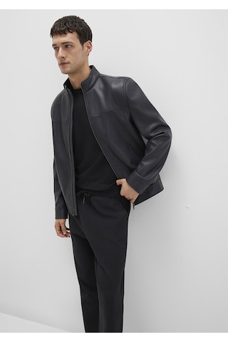 Mavi - Dik Yaka Siyah Suni Deri Ceket 0110634-71379 Siyah