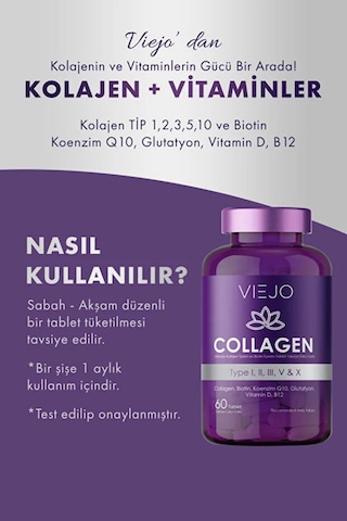 Kolajen Ve Vitaminler Tip 1,2,3,5,10 Ve Biotin, Koenzim Q10, Glutatyon, Vitamin D, B12 60 Tablet