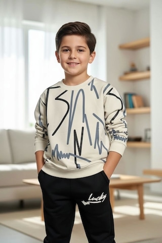 Çizgi Desenli Siyah Renk Erkek Çocuk Eşofman Takım Siyah