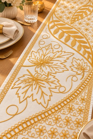 Nakışlı Geometrik Desenli Dekoratif Runner Masa Örtüsü 45x120 Cm Sarı