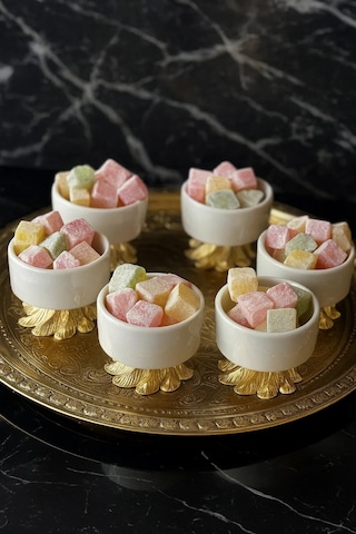 6 Kişilik Beyaz Porselen Gold Metal Ayaklı Kahve Yanı Lokumluk Sosluk Kase Beyaz