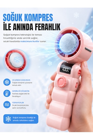 199 Kademeli Şarjlı El Vantilatörü Soğutmalı Mini Fan Dijital Ekranlı Type-c Şarjlı Taşınabilir El Fanı Boyun Askılı Pembe