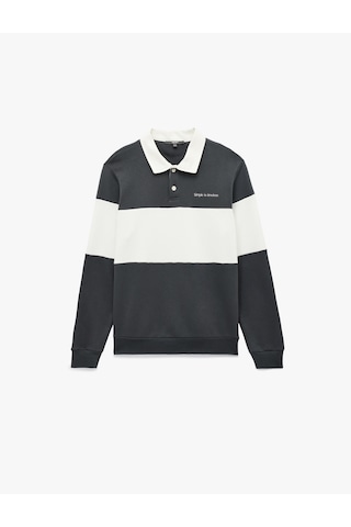 Koton Renk Bloklu Nakışlı Polo Yaka Uzun Kollu Sweatshirt Antrasit 7wam70026mk