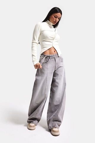 it's basic Kadın Gri 4s6-158 Low Rise Baggy Fit Kemer Detaylı Bol Kesim Denim Jean