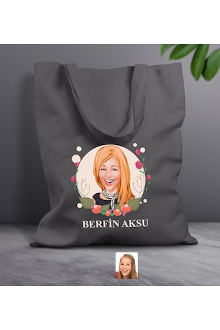 Bk Gift Kişiye Özel Anneler Günü Karikatürlü Antrasit Kumaş Bez Çanta, Baskılı Omuz Çantası, Alışveriş Çantası, Anneye Hediye-1 Antrasit
