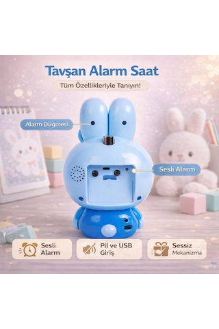 Tavşan Figürlü Masa Saati Bebek Mavisi