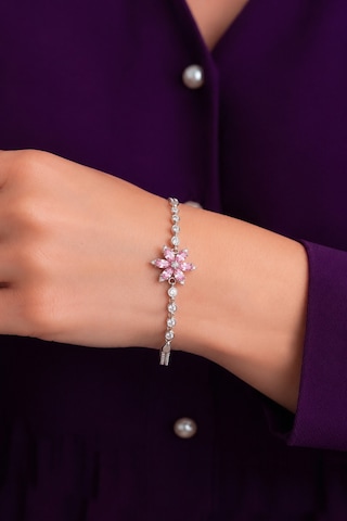 925 Ayar Gümüş Rodyumlu Pembe Kuvars Taşlı Lotus Çiçeği Bileklik St434