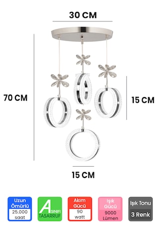 3 Renk Kumandalı Krom Kasa Yüzük Led Avize 4 Lü Modern Ledli Aviz