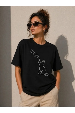 Efnaz Style Minimal Kedi Çizim Baskılı Tişört Kısa Kol Yazlık T-shirt - Siyah