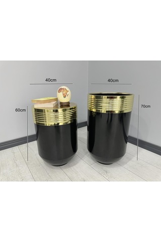 Elegant Dekoratif Gold Darbuka Parlak Siyah Saksı 70cm + Sehpa 60cm İkili Set