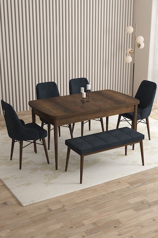 Loft Barok Desen 80x132 Açılabilir Mdf Masa Yemek Odası Takımı, Mutfak Takımı 4 Sandalye, 1 Bench Antrasit
