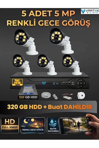 5 Kameralı Set 320 Gb Hdd Full Hd Gece Görüşlü Güvenlik Kamerası Sistemi-sabit İp Gerektirmez-