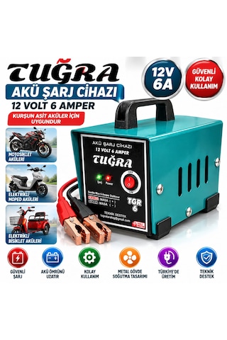 Tuğra 2'li Set 50a Akü Test Cihazı Voltmetre + 12v 6a Akü Şarj Cihazı + Oto Elektrik Kontrol Kalemi Hediye