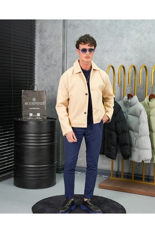 Modefendi Orta Slim Fit Düğme Detaylı Kaşmir Kaban Bej