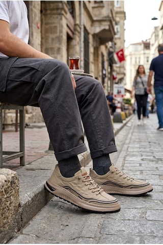 Pepita E146 Rahat Hafif Keten Özel Tasarım Spor Sneaker Erkek Ayakkabı Camel