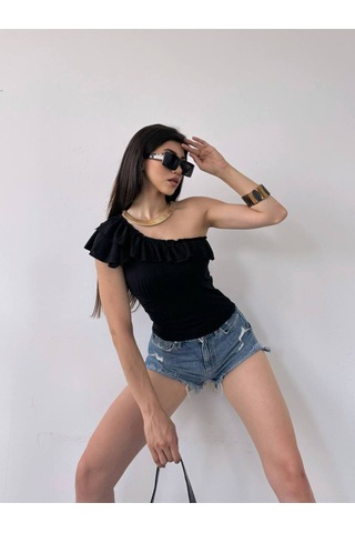 Tek Omuz Fırfır Detaylı Bluz Siyah Siyah