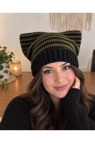 Nova Design Siyah Yeşil Çizgili Kedi Kulaklı Cat Beany Bere Siyah-yeşil
