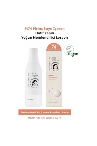 Midha %74 Pirinç Suyu İçeren Hafif Yapılı Yoğun Nemlendirici Losyon 200 ML