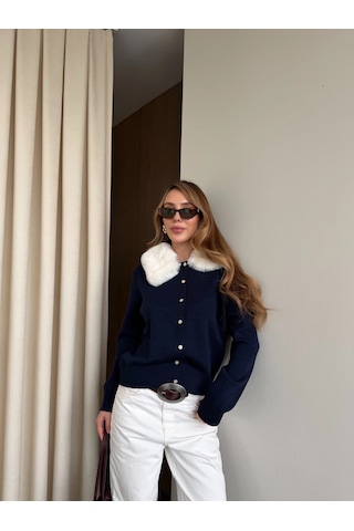 Laluvia Lacivert Yakası Kürklü Hırka - 261002 Lacivert