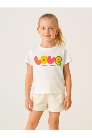 Cicihlid Kız Çocuk Pamuklu Punch İşlemeli Love T-shirt-15890 Ekru