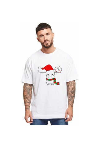 Ren Geyiği Baskılı Noel İçin T-shirt - Beyaz -