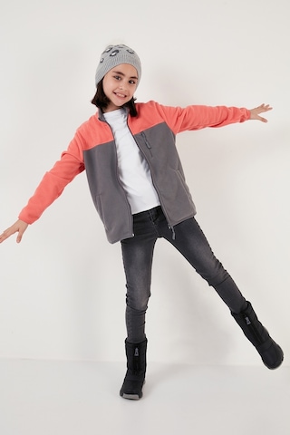 Lela Yumuşak Dokulu Fermuarlı Renk Bloklu Dik Yaka Cepli Hırka Unisex Çocuk Polar 5905001 Somon-Gri