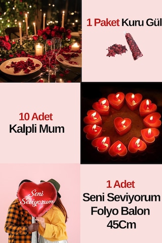 Seni Seviyorum Yazılı Balon 10 Kalpli Mum Kuru Gül Helyum Uyumlu Yıl Dönümü Kırmızı