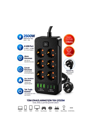 Castu Ls J06 12'si 1 Arada Akım Korumalı Priz 6 Çoklu Soket 3 Usb 3 Type-c 2500w Çocuk Korumalı Kapaklı Uzatma Kablolu Grup Priz 2M