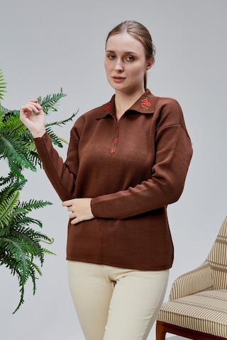 Lugmo Kadın Polo Yaka Oversize Çiçek Nakışlı Triko Kazak Kahverengi Kahverengi