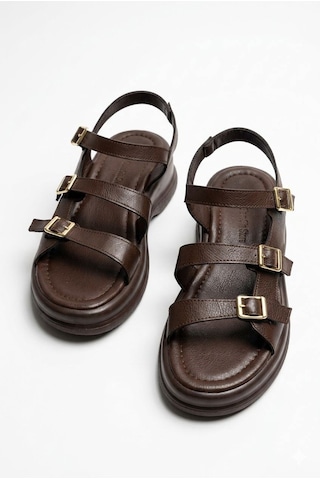 Giamgia Store Kadın Kahverengi Kalın Taban 3 Bantlı Tokalı Rahat Günlük Sandalet-2348