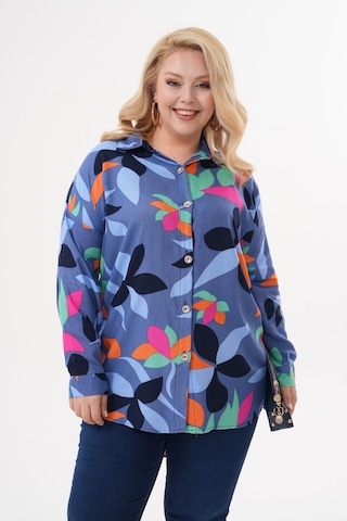 Polologin Butik Soyut Yaprak Desenli Mavi Viskon Tunik Mavi