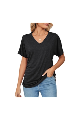 Siyah Hnxc Kadın Moda Günlük Yaz Düz Renk Baskı Kısa Kollu V Yaka Bluzlar Ve Gömlekler Siyah