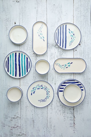 Kevin Seramik Marin Serisi 14 Parça 6 Kişilik Kahvaltı Takımı Beyaz - Mavi