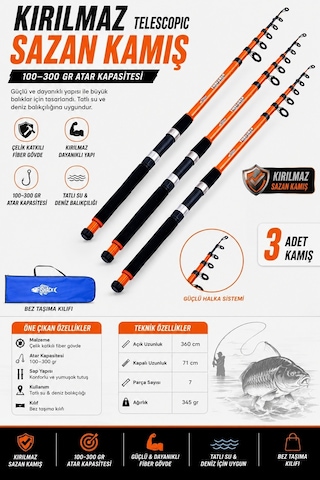 Profesyonel 3 Lü Sazan Olta Takımı - 3.60mt- Kırılmaz Kamış Metal Kafa Makine