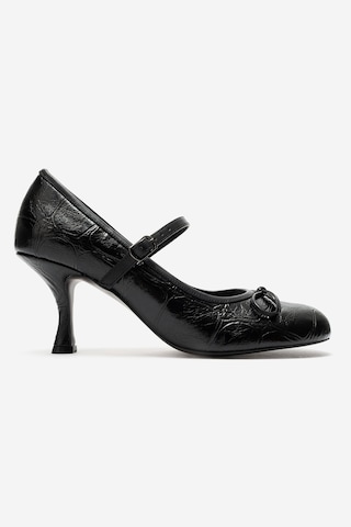 Luvi Shoes Acland Siyah Baskı Fiyonklu Kadın Topuklu Ayakkabı
