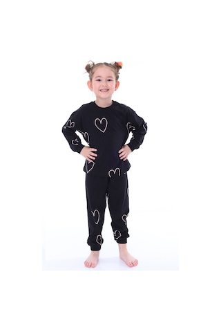 Minik Kalpler Desenli %100 Pamuk Kız Çocuk Pijama Takımı Siyah