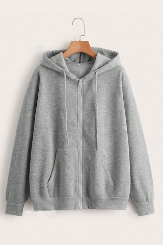 Fermuar Kapüşonlu Sweatshirt Gri