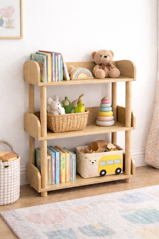 Pureza Ahşap Çocuk Kitaplık & Oyuncak Rafı 3 Katlı Çok Amaçlı Düzenleyici 60x80 CM Meşe