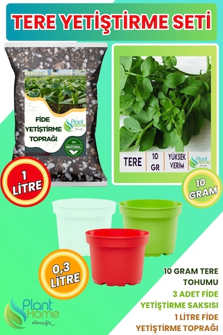 Tere Yetiştirme Seti Tere Tohumu + Cocopeat & Perlit Katkılı Fide Toprağı + 3 Lü Drenajlı Saksı