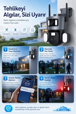 2 Kameralı 3+3mp Wıfı Güvenlik Kamerası - 360 Otomatik - Gece Görüş - Hareket - Algılama - Takip 76521098
