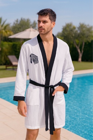 Baskılı Müslin Kimono Bornoz Unisex %100 Pamuk Yumuşacık 2 Katlı Doğal Kumaş - Ztmbb10 Siyah
