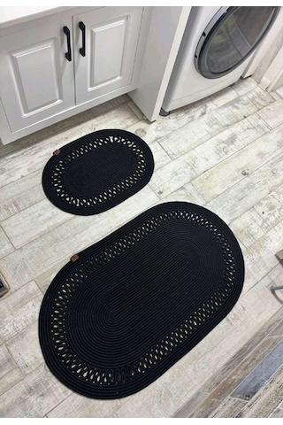 Jüt Hasır 2li Banyo Paspas Takımı-siyah Trikotlu Siyah