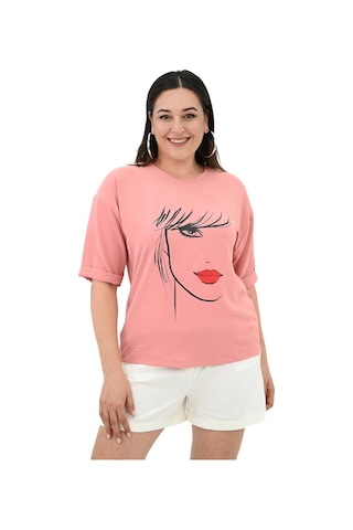 Kadın Büyük Beden Yüz Baskılı T-shirt 1788-25 001