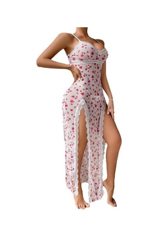 Kadın Seksi Gecelikler Kiraz Baskılı Dantel Detaylı Derin V Yaka Gömlek Gecelik Şeffaf Yan Yırtmaçlı Gecelik Beyaz