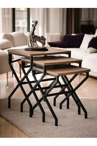 3 Lü Zigon Sehpa Metal Ayaklı Çam Ahşap Kare Misafir Sehpası