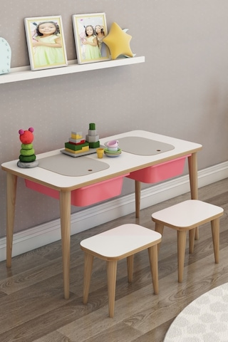 Moniev Çocuk Çalışma Masası Oyun Ve Etkinlik Masası Tabureli Pembe Pembe