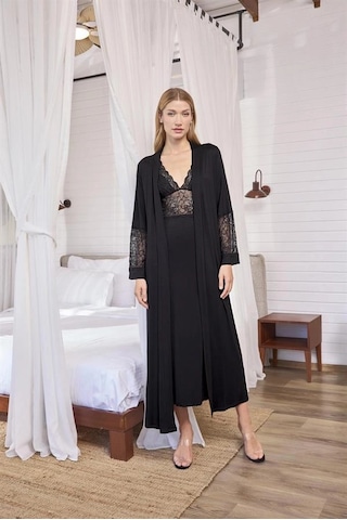 Aria's Closet Arias Closet Göğüs Ve Sırt Dekolteli Dantelli Sabahlık Takımı Siyah