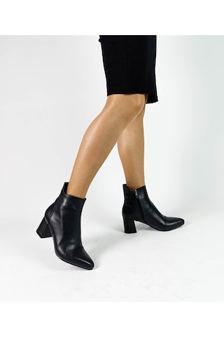Hakiki Deri Siyah Mat Renk Fermuarlı Kalın Topuk Kadın Bot Bordo