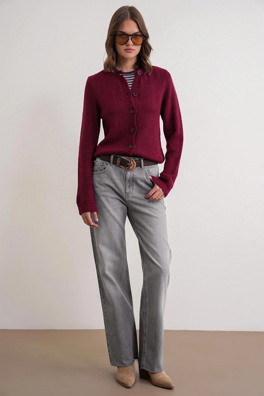 6951 Kadın Bisiklet Yaka Düğmeli Triko Kısa Hırka Bordo Bordo