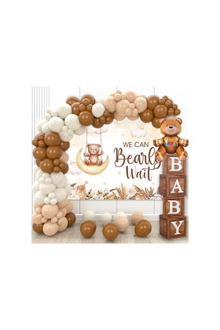 Oyuncak Ayı Temalı Baby Shower Set Ahşap Görünümlü Baby Kutu Ve Retro Balon Zincir Set